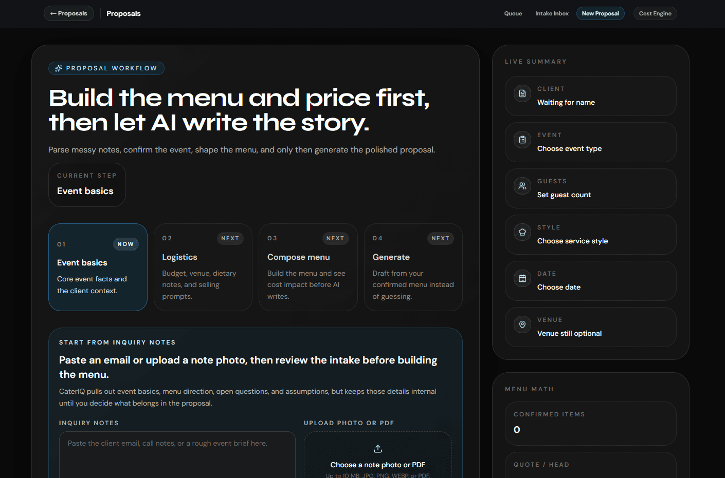 CaterIQ new proposal workflow — build the menu and price it first